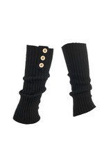 Subject shot of black ribbed leg warmers with buttons. Long gaiters are isolated on the white background. Side view.