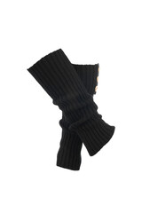 Subject shot of black ribbed leg warmers. Leg warmers are isolated on the white background. Front view.