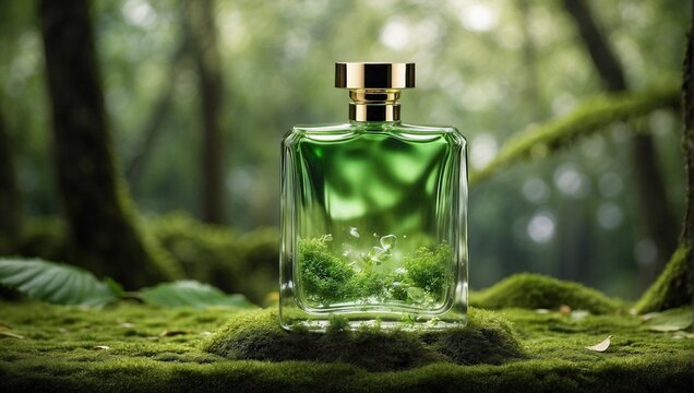 Picture Of A Square Shaped Transparent Perfume Bottle With Green Liquid In Tropical Forest Surrounded By Green Leaves