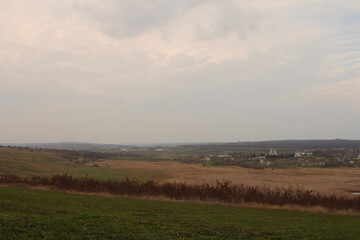 A field with a city in the distance
