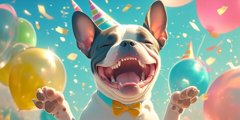 A cute Boston Terrier dog wearing a party hat is surrounded by colorful balloons and confetti, celebrating its first birthday with joyous smiles on its face.  - obrazy, fototapety, plakaty