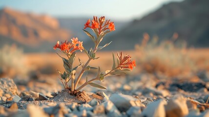 A small plant with red flowers in a rock arid environment and a background of blurred dry bushes and mountain 
