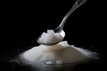 Spoon with sugar, sugar pile on a black background