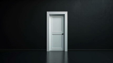 The image is a 3D rendering of a white door in a dark room. The door is made of wood and has a black doorknob. - obrazy, fototapety, plakaty