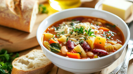 A bowl of minestrone soup with vegetables, beans, and pasta, served with a slice of bread and butter.