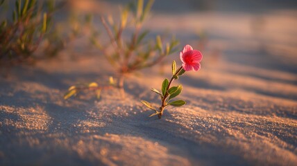 A red mix pink color flower of a small plant growing on the desert sand with bokeh effect background 