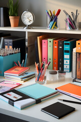 Essential DK Office Supplies Elegantly Displayed on a Neat Workspace - obrazy, fototapety, plakaty