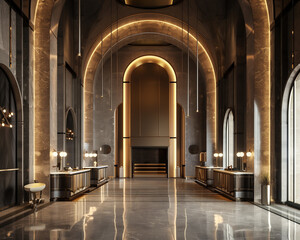 In a fluid 3D render an elegant art deco lobby comes to life under majestic