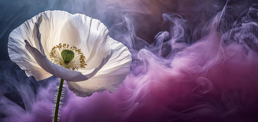 Biały kwiat mak. Abstrakcyjne fioletowe tło, dym - obrazy, fototapety, plakaty