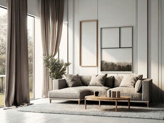 living room interior mockup, modern furniture and decorative arch with trendy dried flowers with white sofa and armchair on the White Background