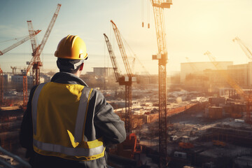 A construction worker in a yellow helmet, reflective vest surveys a large building site with cranes during daylight