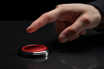 man hand with Red button with metallic border on the black table closeup