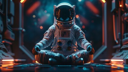 Astronaut sitting inside his space suit on top of a spaceship in yoga pose, epic,  - obrazy, fototapety, plakaty