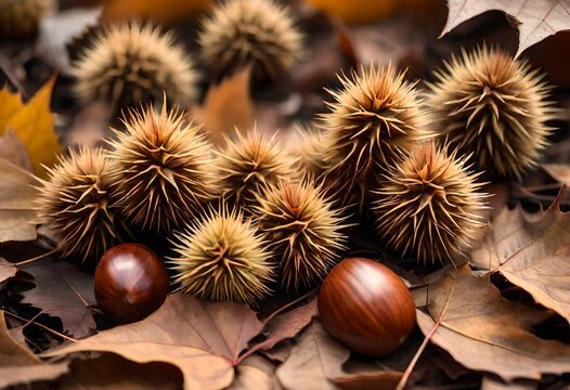 A cluster of prickly chestnut burrs nestled among fallen leaves, each one housing the promise of a future tree, captured in breathtaking detail by an HD camera.