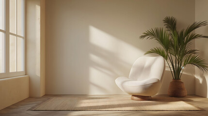 Fototapeta na wymiar Minimalist Lounge Chair and Plant in Sunlit Room 