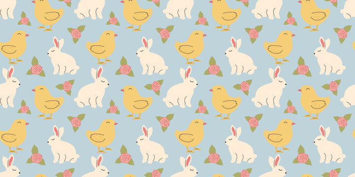 Cute Easter pattern with bunnies, chicks and flowers in pastel colors. Seamless design in doodle style. Endless Illustration with animals. White rabbits with botanical elements on blue background