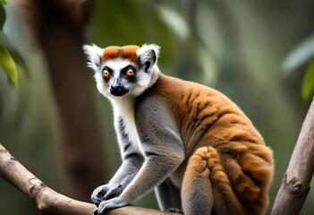 A crowned lemur perches gracefully on a branch, its distinctive crown of fur framing its regal features, captured in stunning high-definition detail by the camera - obrazy, fototapety, plakaty