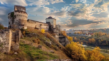 Views of the medieval fortress Koporye October afternoon. Russia - obrazy, fototapety, plakaty