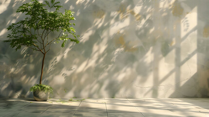 Young Tree in Pot Against Textured Wall with Sunlight and Shadows