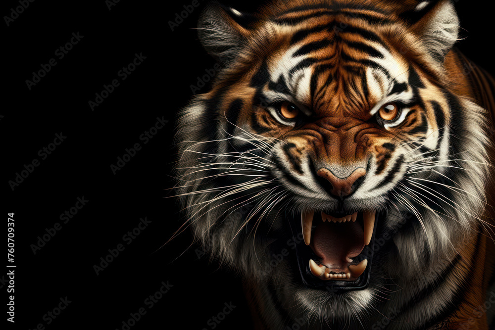 Canvas Prints closeup of tiger ready to attack roar angry isolated on solid black background. ai generative