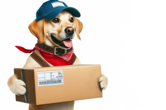 dog in a cap delivers a parcel, a box on a white background. ai generative