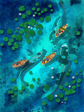Digital illustration of three fishing boats with fishermen floating on a river with lotuses and three huge koi carp (This illustration was drawn by hand without the use of generative AI!)
