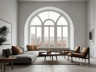 living room interior mockup, modern furniture and decorative arch with trendy dried flowers with white sofa and armchair on the White Background