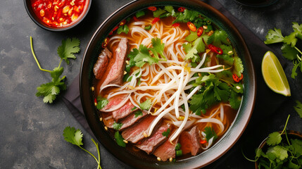 A bowl of pho with rice noodles, beef slices, bean sprouts, and herbs, in a hot broth, served with...