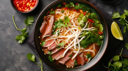 Photo sur Aluminium Piments forts A bowl of pho with rice noodles, beef slices, bean sprouts, and herbs, in a hot broth, served with lime wedges and chili sauce.