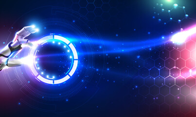 Futuristic technology robot hand touching on HUD digital display big data network connection, Science and artificial intelligence technology, innovation, AI, Machine learning. Technology Vector EPS10.