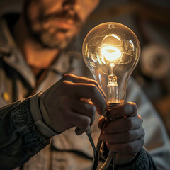 Bulb in hand. Close-up of an electrician screwing in a light bulb.