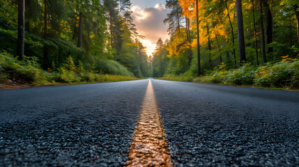 Autumn road in the forest with yellow line on the asphalt.