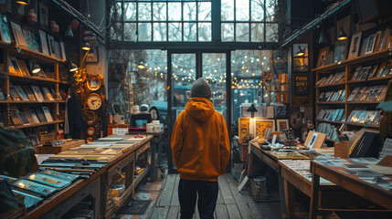Person Standing in a Room Filled With Books - obrazy, fototapety, plakaty