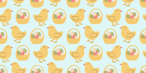 Seamless Pattern of Basket with Easter eggs and Chick in flat style. Endless spring holiday design for textile, wrapping paper, background