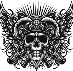 Black skull illustration and Vintage monochrome human skull with wing isolated on white background.