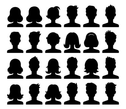  This collection offers a diverse range of black silhouette avatar icons, featuring both male and female profiles with various hairstyles and facial features. Designed in a minimalist vector style