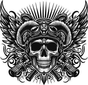 Black skull illustration and Vintage monochrome human skull with wing isolated on white background.