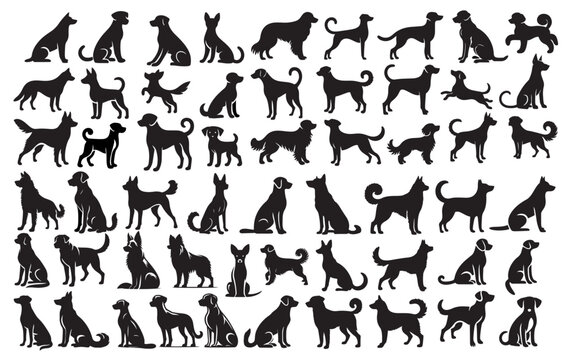 Celebrate the diversity of man's best friend with this set of dog silhouette designs, capturing various breeds in poses like standing, sitting, running, and jumping. 
