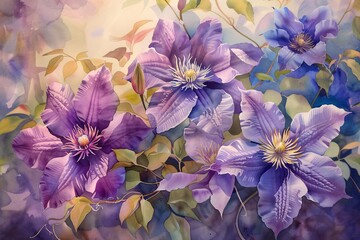 Watercolor clematis artwork tracing the vines journey towards the sun in a display of color and light