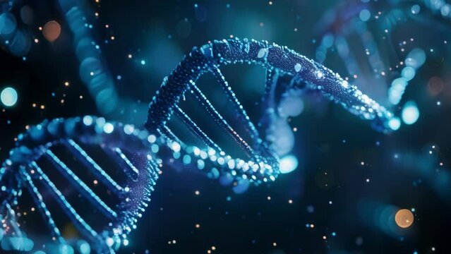 artistically rendered image of a DNA double helix glowing in a dark blue environment, symbolizing biotechnology and genetic research.