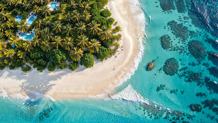 A drone shot of the most beautiful Caribbean beach, white sand, palm trees, crystal clear ocean,...