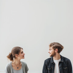 Take a photo of two people talking against a light background, at the top of the photo leave space for text