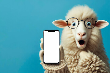 Shocked sheep in glasses holding smart phone mockup white screen over blue background. ai generative - obrazy, fototapety, plakaty
