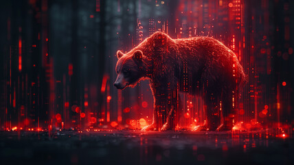 A bear is standing in a forest with red and blue lights surrounding it - obrazy, fototapety, plakaty