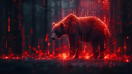 Foto op Aluminium A bear is standing in a forest with red and blue lights surrounding it © CtrlN