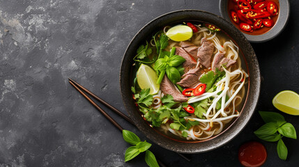 A bowl of pho with rice noodles, beef slices, bean sprouts, and herbs, in a hot broth, served with lime wedges and chili sauce.