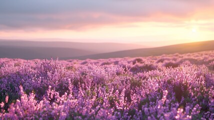 Fototapeta premium Heather blooms on an undisturbed moor under clear skies