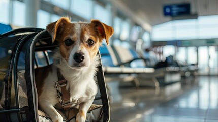Dog traveler in carrier bag in airport. Background concept - obrazy, fototapety, plakaty