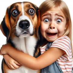 The kid girl hugs her dog tightly, who looks at her with a surprised expression on his face. ai generative
