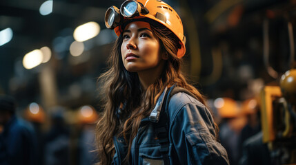 Woman Wearing Hard Hat and Goggles - obrazy, fototapety, plakaty